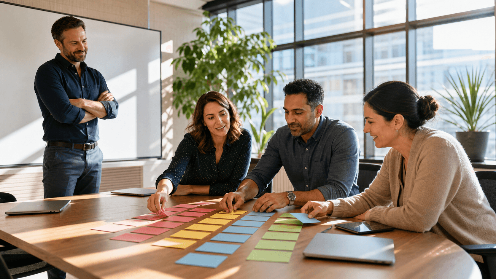 Founder reviews a quarterly planning board while team members discuss tasks in a bright modern office.