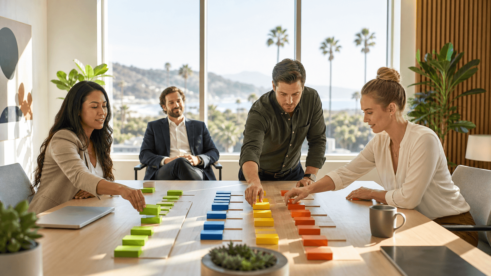 Business owner studies a delegation flowchart at a bright desk, with a Ventura coastline view behind.
