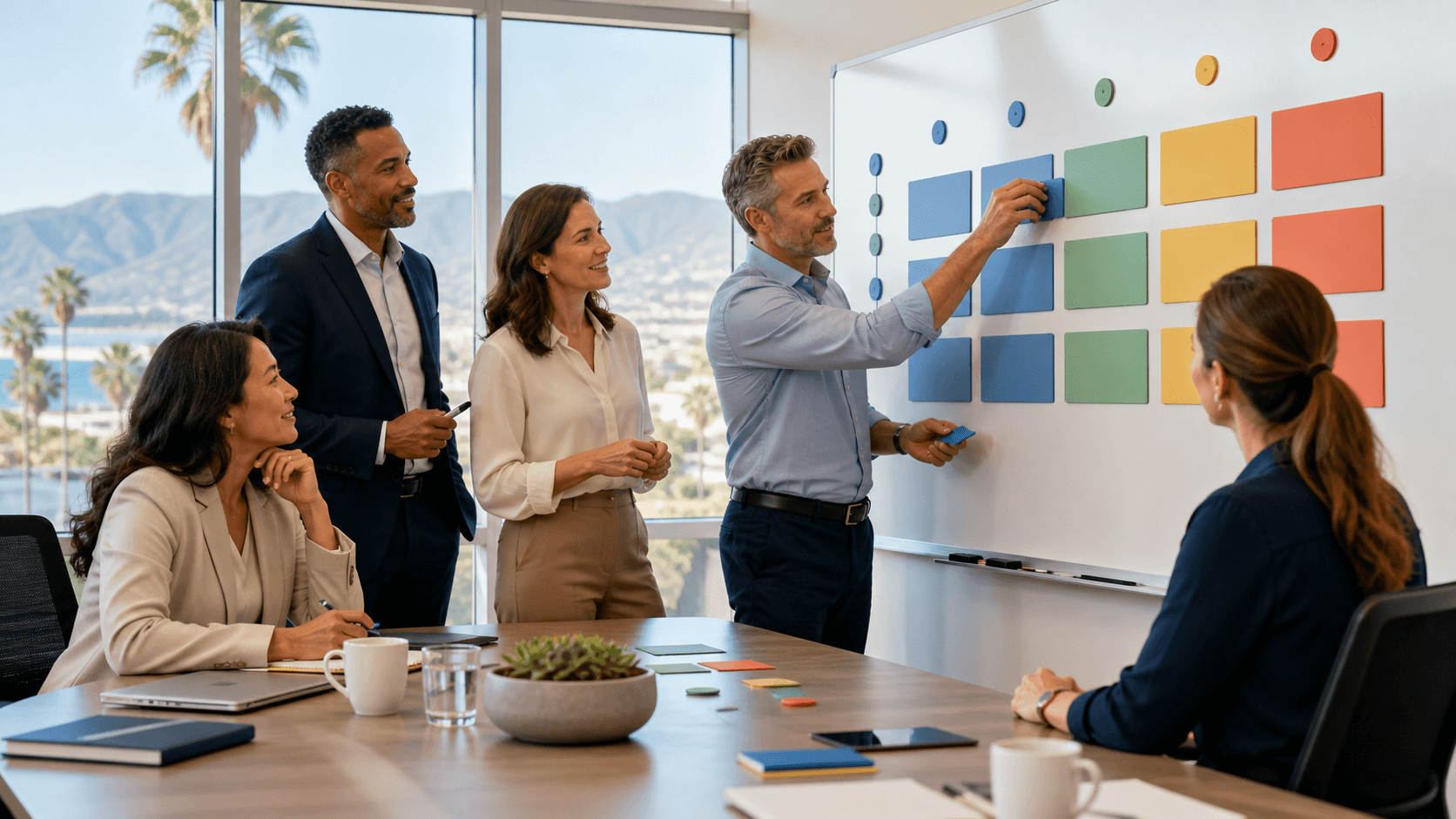 Leadership team reviews a colorful scorecard dashboard on a large screen in a bright modern office.
