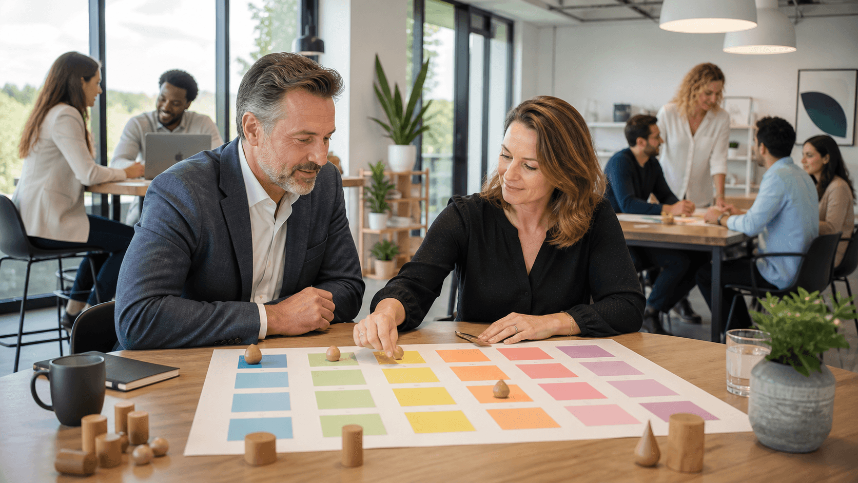 Business coach and entrepreneur review a strategy diagram at a sunlit office table.