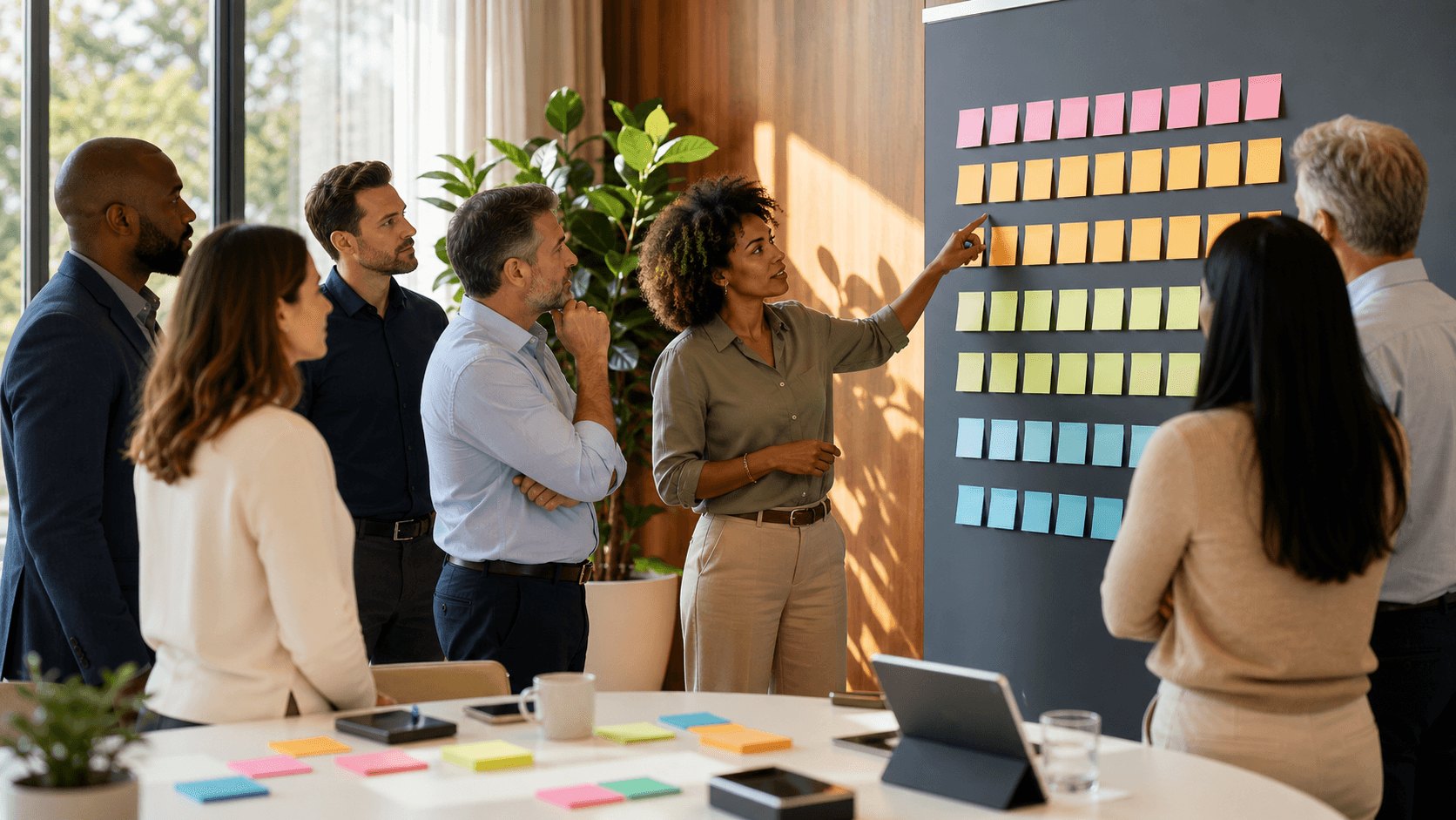 Facilitator leads a team workshop around a bright conference table with planning notes and a 90-day timeline.