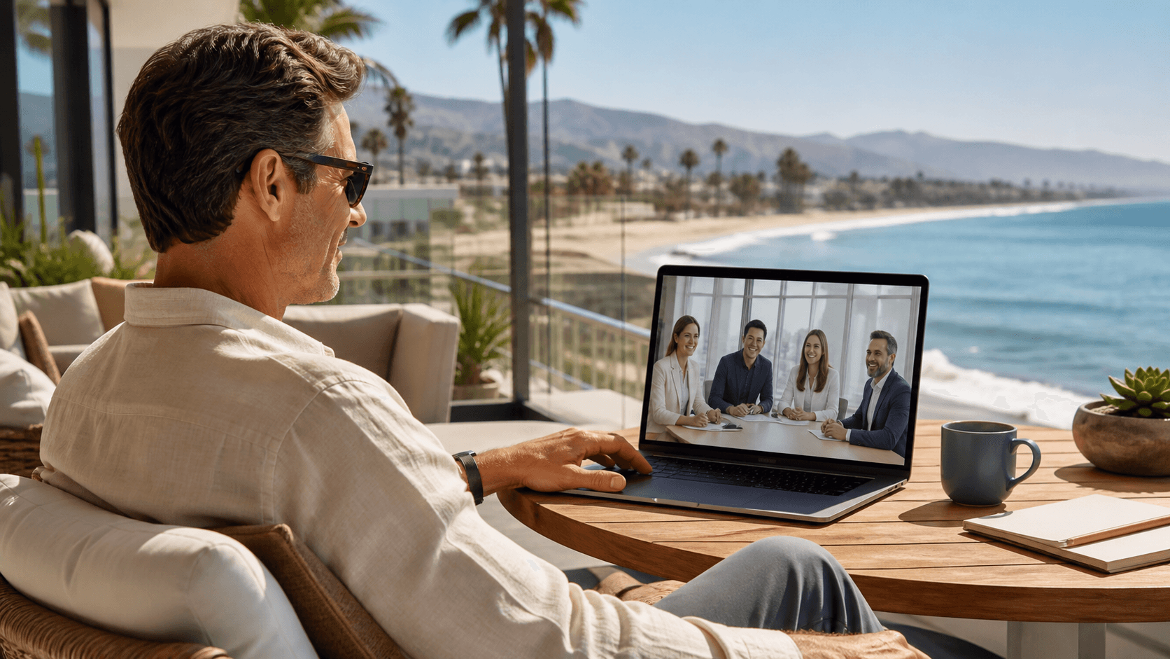 CEO relaxing on a sunny Ventura beach, with a laptop closed beside a striped lounge chair