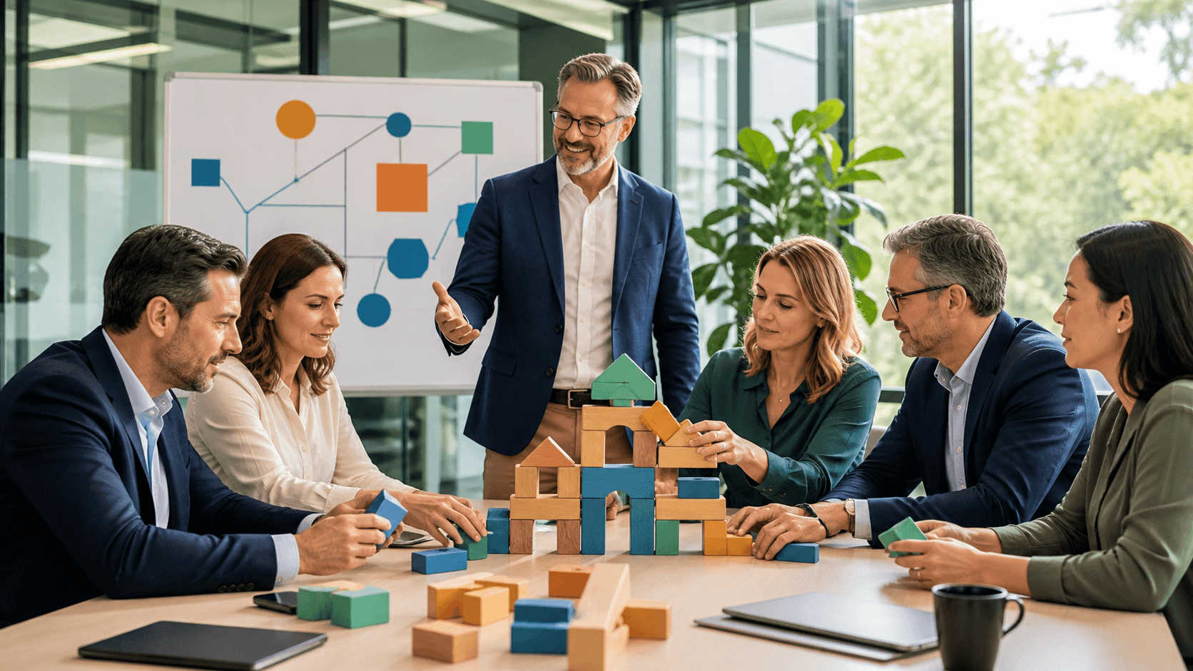 Business coach leads a focused meeting with founders around a bright conference table and strategy board.
